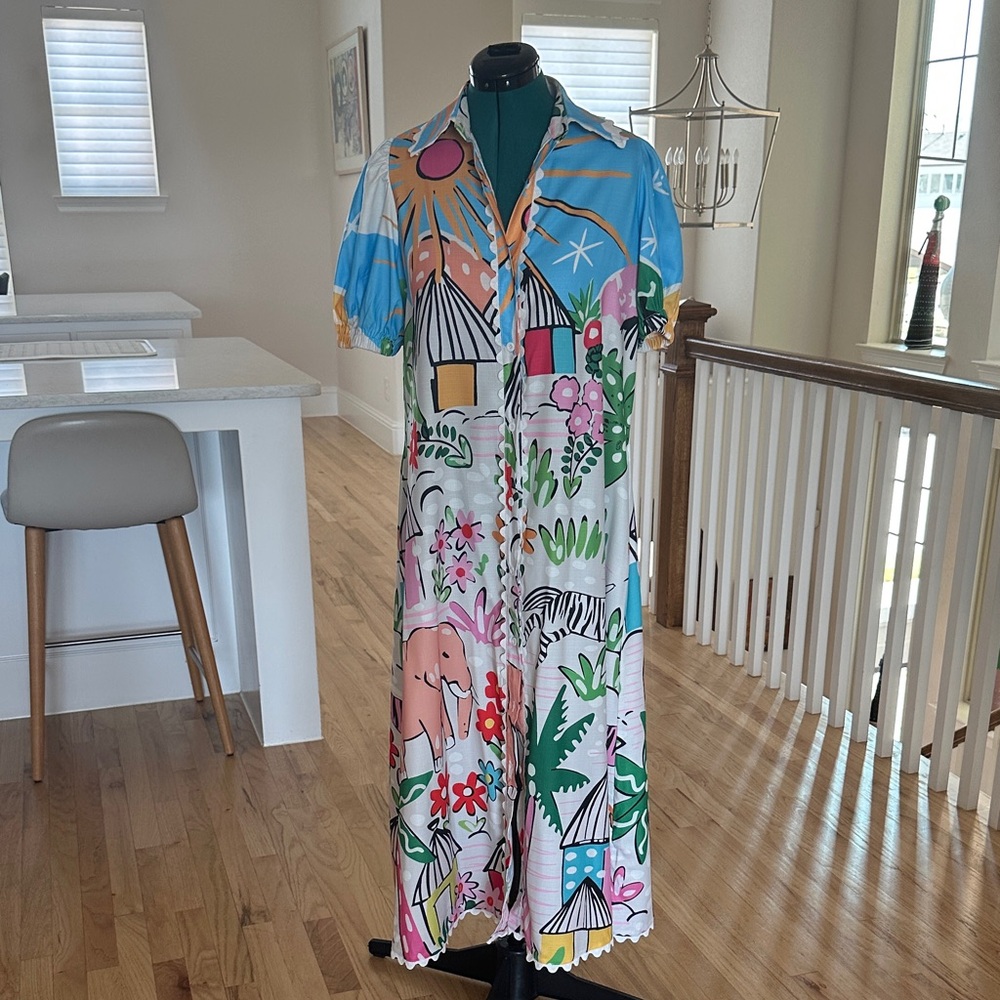 Women's Tropical Print Midi Shirt Dress in Multi